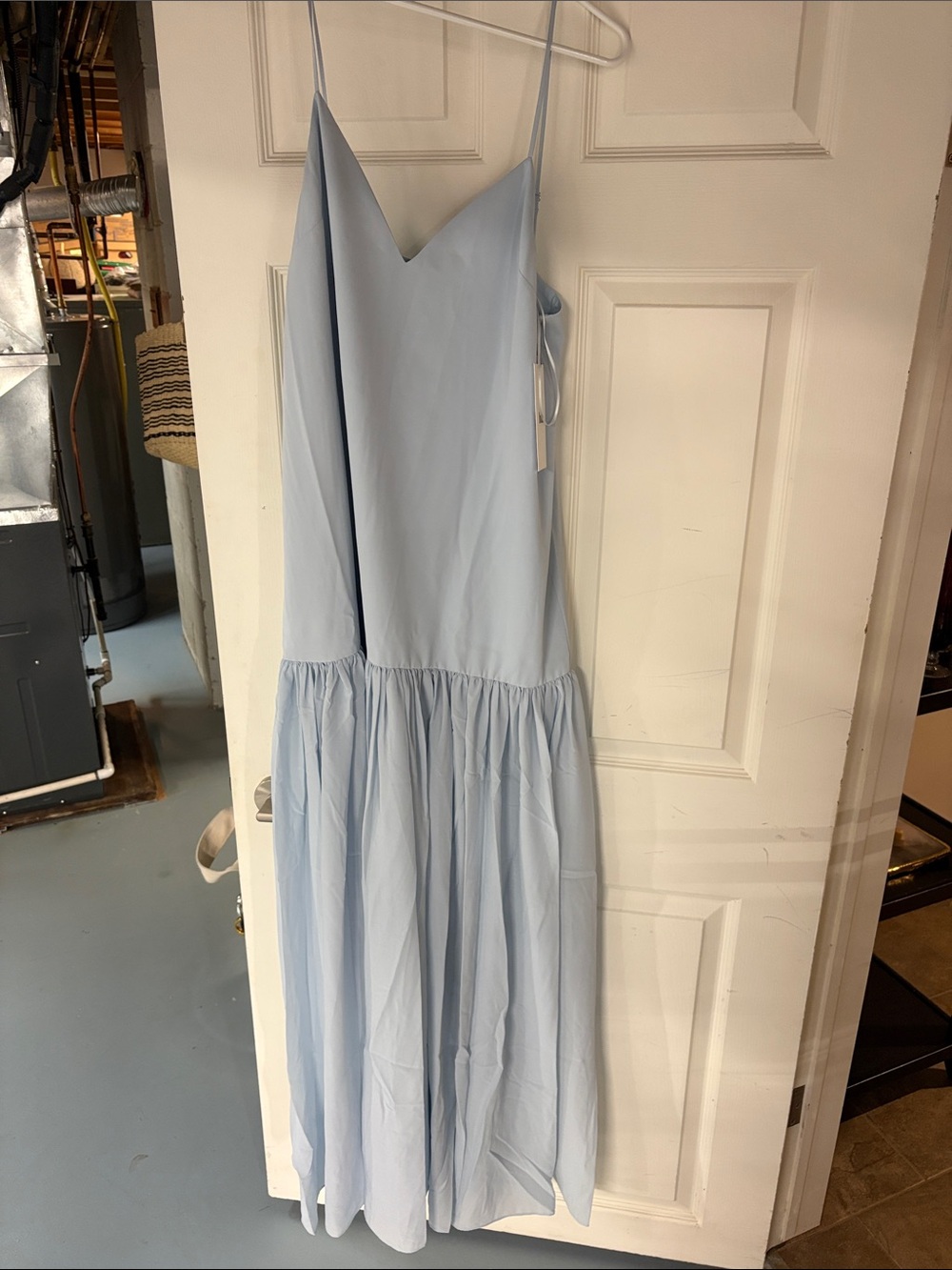 Light Blue V-Neck Gathered A-Line Midi Skirt